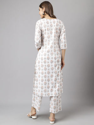 White Cotton Printed Kurti Pant Set