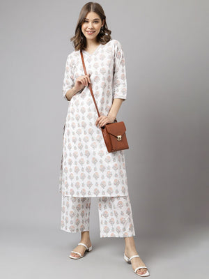 White Cotton Printed Kurti Pant Set