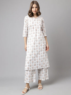 White Cotton Printed Kurti Pant Set