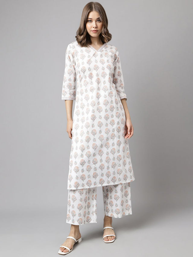 White Cotton Printed Kurti Pant Set
