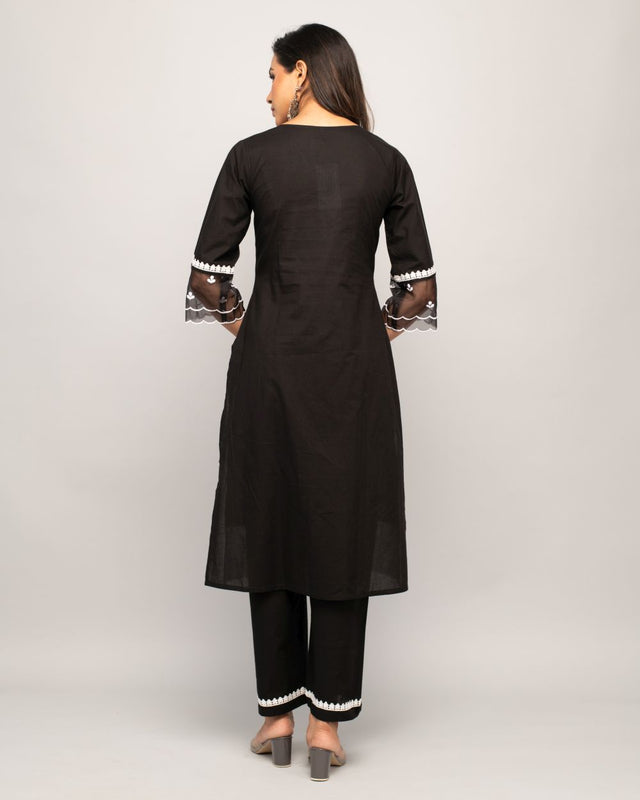 Black Cotton Embroidered Kurti Pant Set