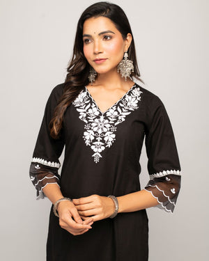Black Cotton Embroidered Kurti Pant Set