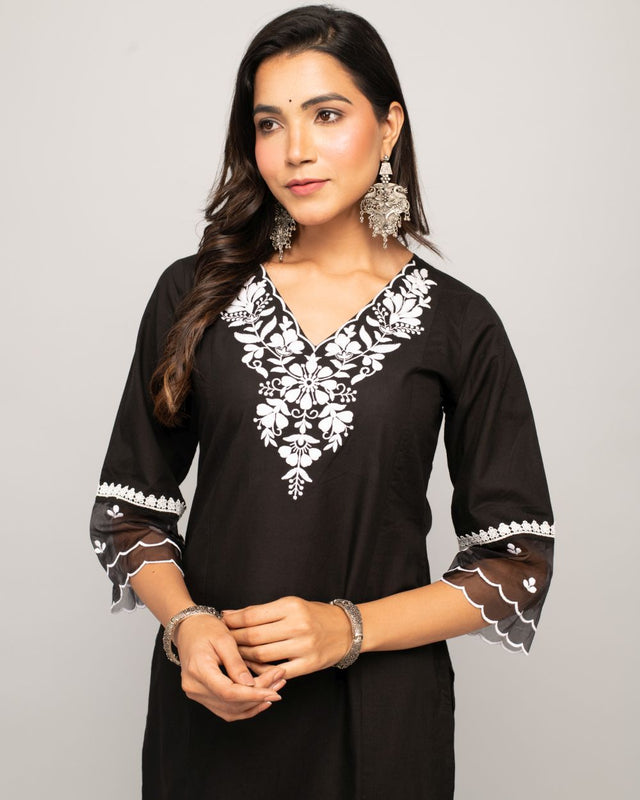 Black Cotton Embroidered Kurti Pant Set