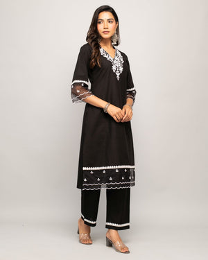 Black Cotton Embroidered Kurti Pant Set