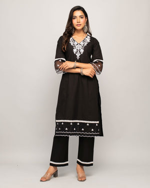 Black Cotton Embroidered Kurti Pant Set