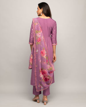 Purple Crepe Printed Anarkali Suit Set