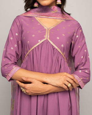 Purple Crepe Printed Anarkali Suit Set