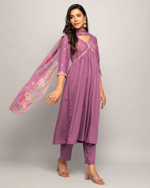 Purple Crepe Printed Anarkali Suit Set