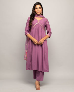 Purple Crepe Printed Anarkali Suit Set