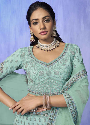 Aqua Georgette Embroidered Lehenga Choli
