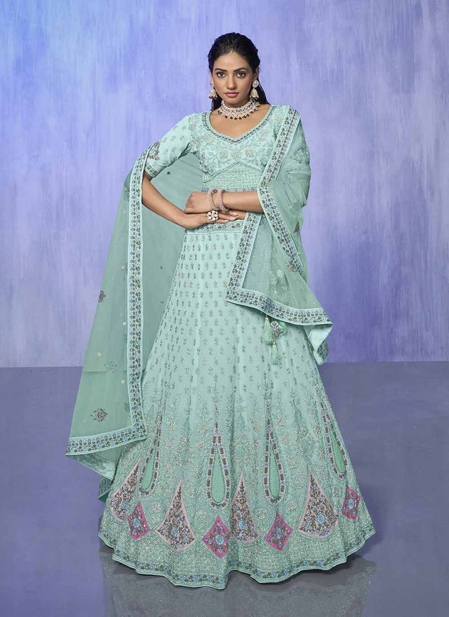 Aqua Georgette Embroidered Lehenga Choli