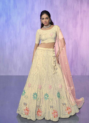 Off White Net Embroidered Lehenga Choli