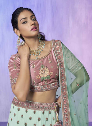 Aqua Georgette Embroidered Lehenga Choli