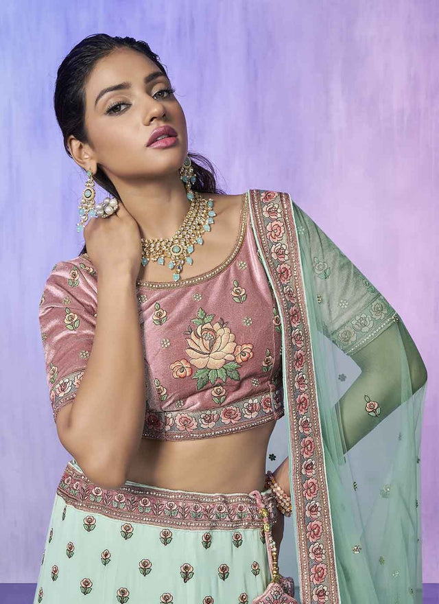 Aqua Georgette Embroidered Lehenga Choli