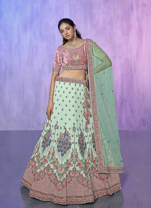 Aqua Georgette Embroidered Lehenga Choli