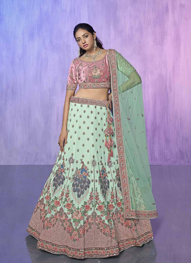Aqua Georgette Embroidered Lehenga Choli
