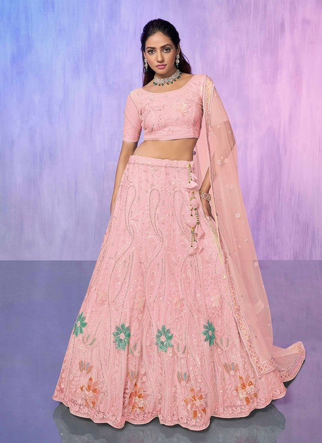 Peach Net Embroidered Lehenga Choli