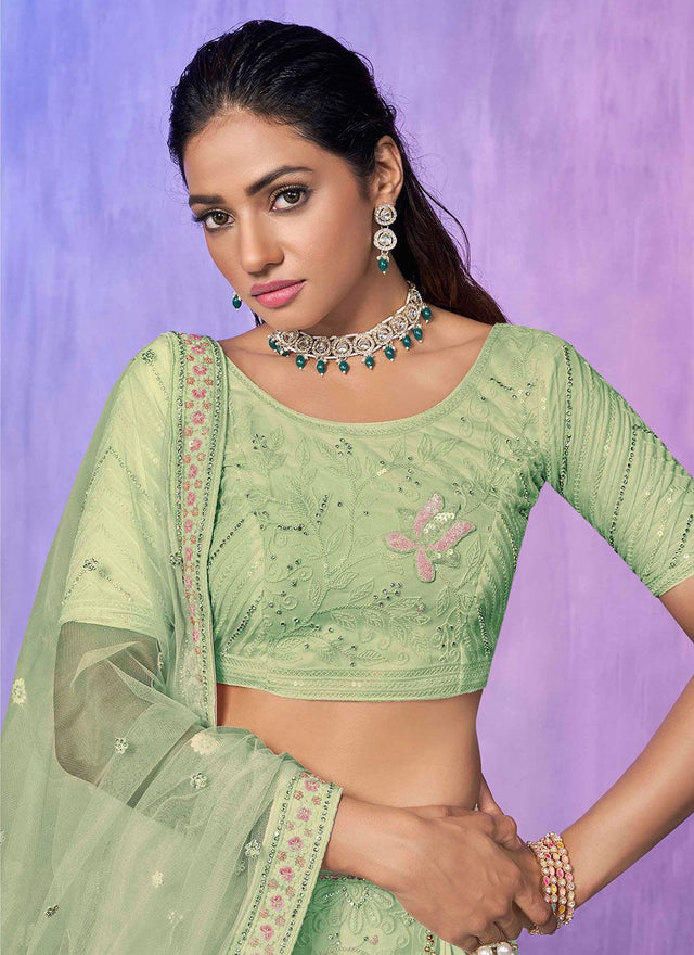 Sea Green Net Embroidered Lehenga Choli