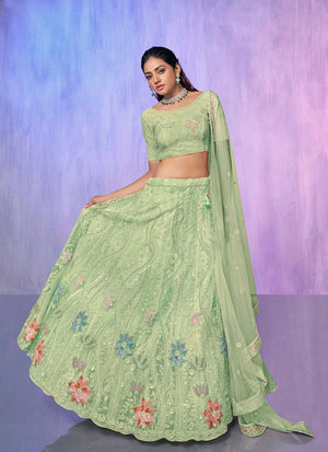 Sea Green Net Embroidered Lehenga Choli