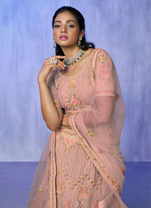 Peach Net Embroidered Lehenga Choli