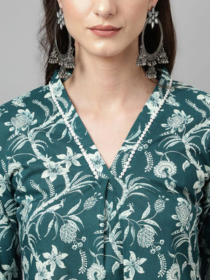 Green Cotton Printed Top With Bottom