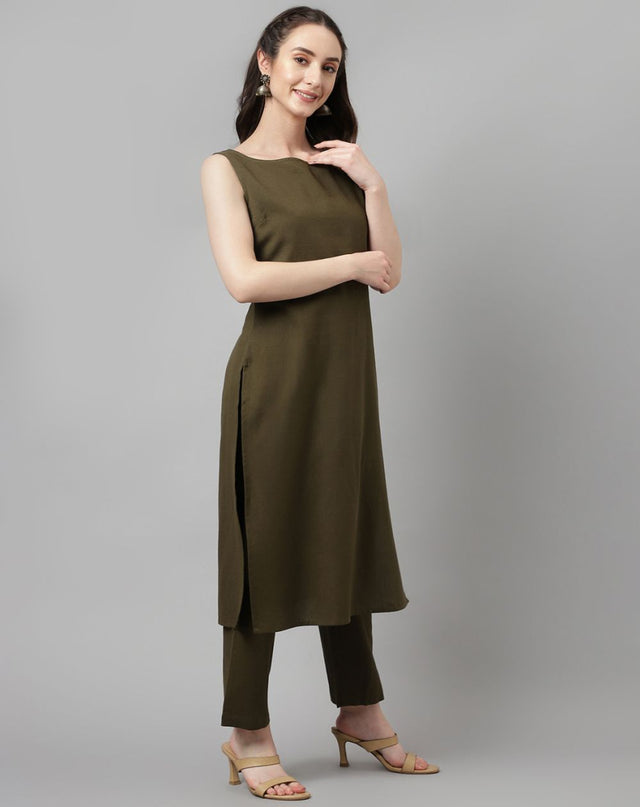 Green Rayon Solid Top With Bottom