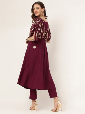 Burgundy Crepe Printed Top With Bottom