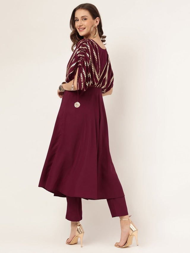 Burgundy Crepe Printed Top With Bottom