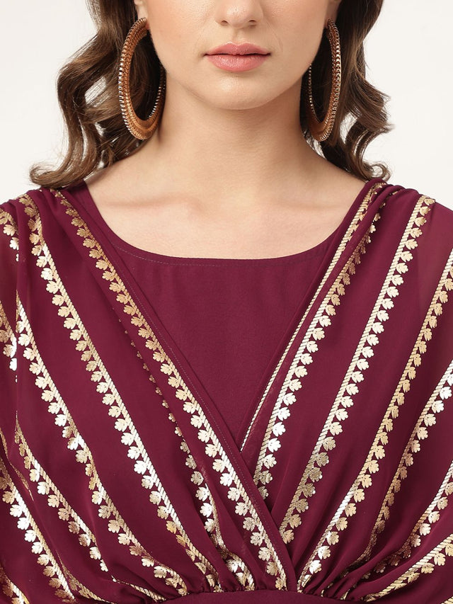 Burgundy Crepe Printed Top With Bottom