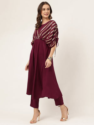 Burgundy Crepe Printed Top With Bottom