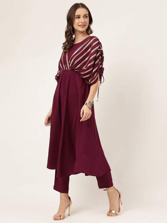 Burgundy Crepe Printed Top With Bottom