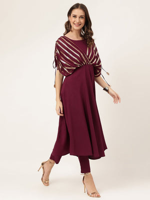 Burgundy Crepe Printed Top With Bottom