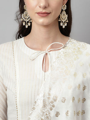 White Cotton Printed Anarkali Suit Set