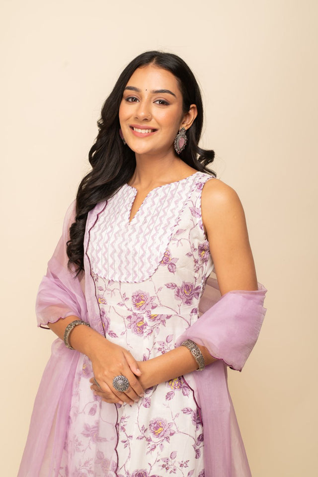 White Cotton Printed Anarkali Suit Set