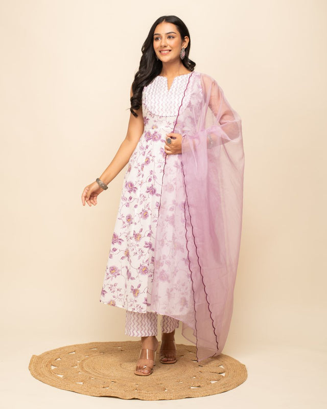 White Cotton Printed Anarkali Suit Set