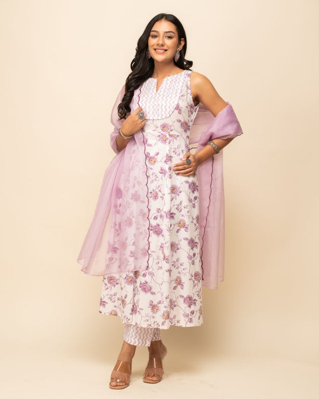 White Cotton Printed Anarkali Suit Set