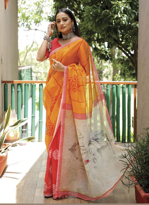 Yellow Linen Digital Printed Saree