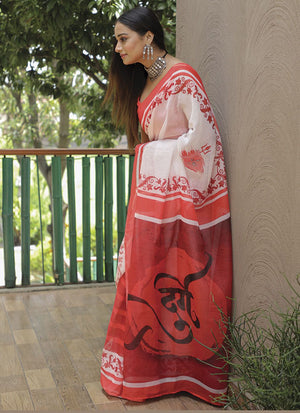 White Linen Digital Printed Saree