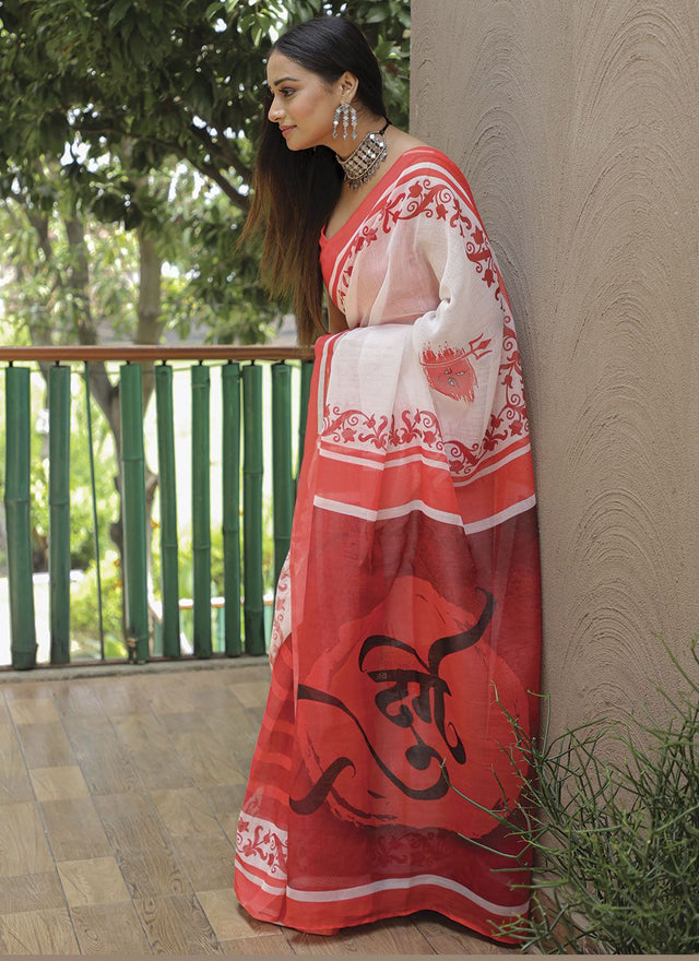 White Linen Digital Printed Saree