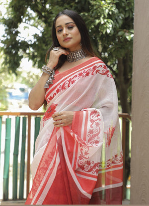 White Linen Digital Printed Saree