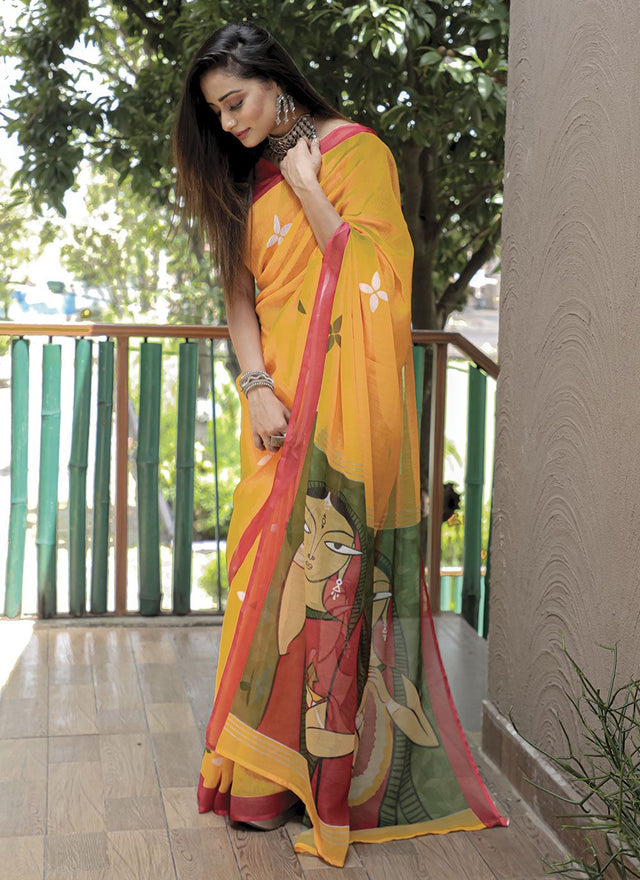 Yellow Linen Digital Printed Saree