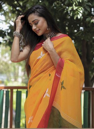 Yellow Linen Digital Printed Saree