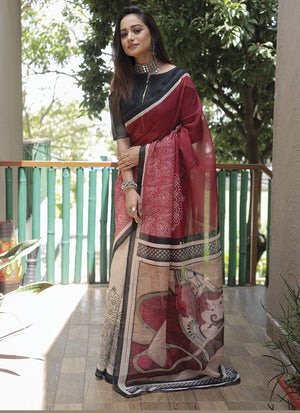 Maroon Linen Digital Printed Saree