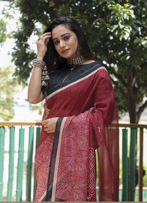 Maroon Linen Digital Printed Saree