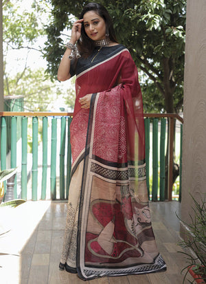 Maroon Linen Digital Printed Saree