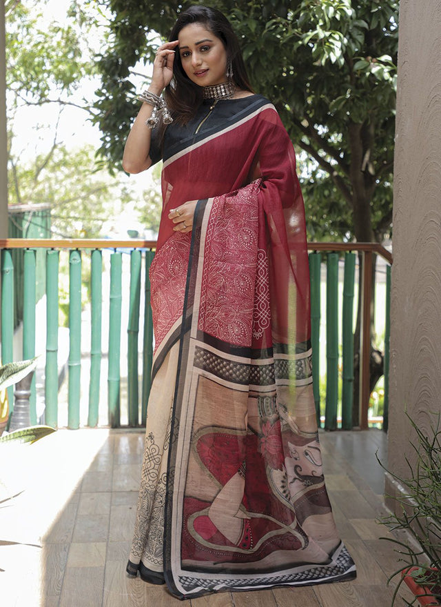Maroon Linen Digital Printed Saree