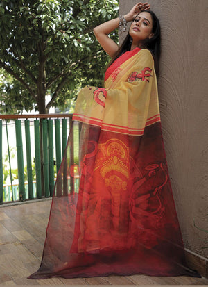 Yellow Linen Digital Printed Saree