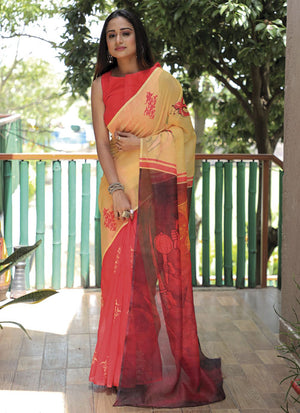 Yellow Linen Digital Printed Saree