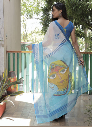 White Linen Digital Printed Saree