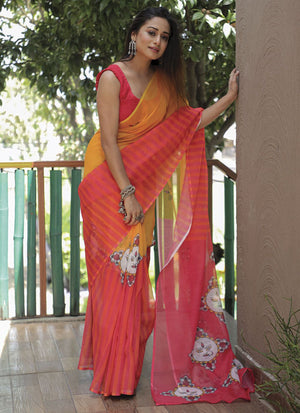 Yellow Linen Digital Printed Saree